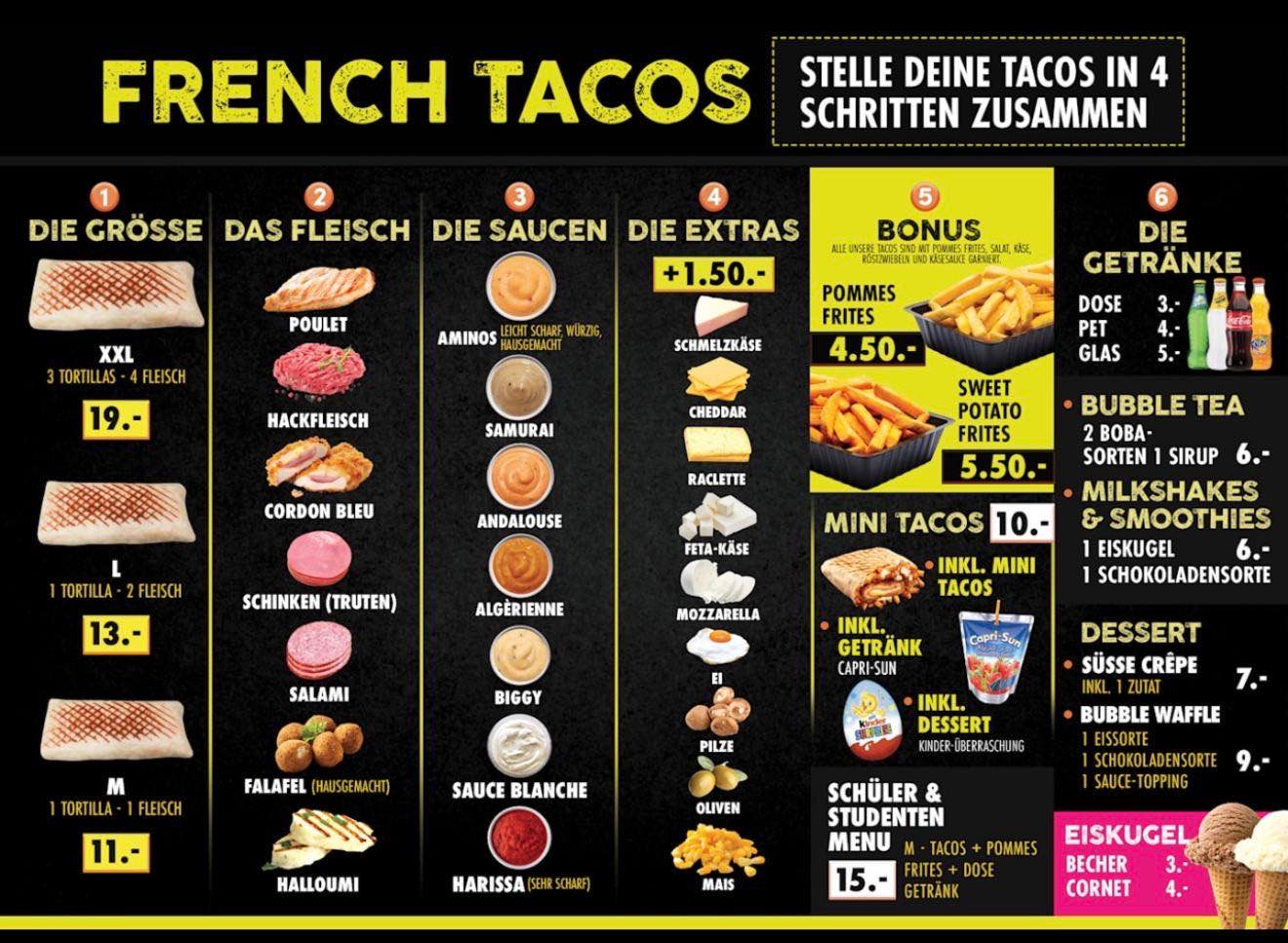 Tafel im Laden: French Tacos in vier Schritten zusammenstellen — Grösse, Fleisch, Saucen, Extras, Bonus und Getränke